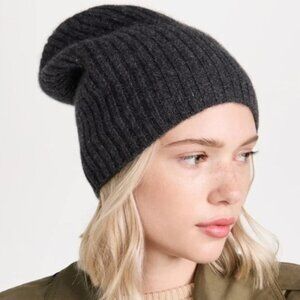 Jenni Kayne 100% Cashmere Ribbed Knit Beanie DARK GREY One Size - SO SOFT